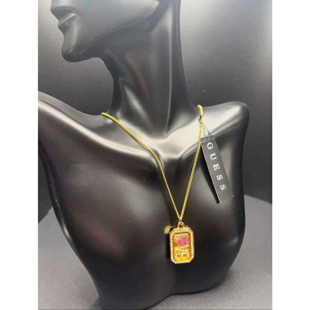 GUESS Gold Tone Pink Rhinestone LOVE Dog Tag Style Pendant Necklace